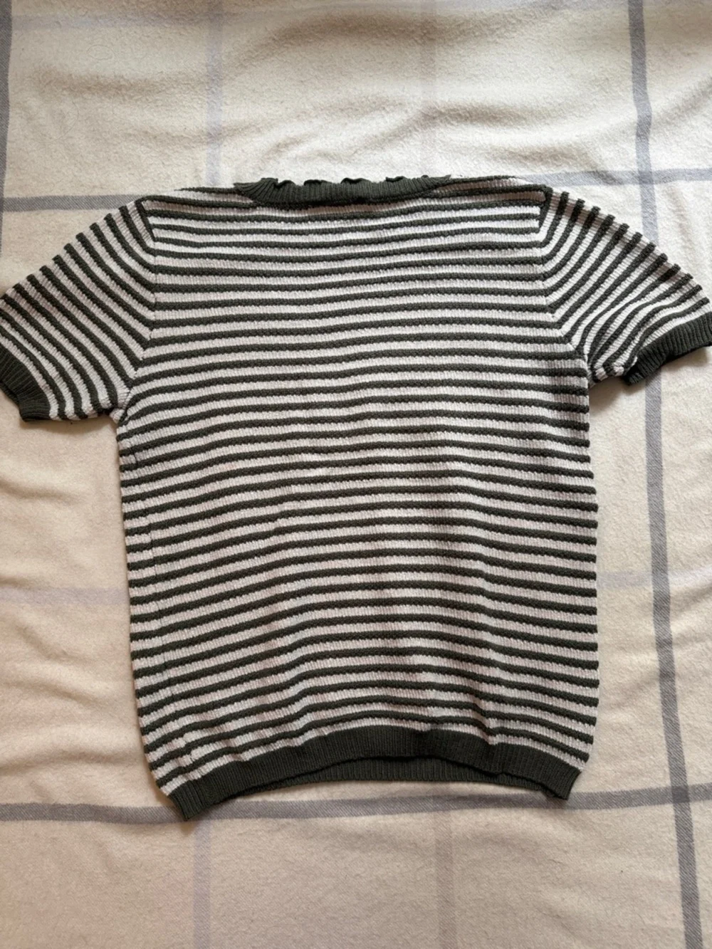 LOFT Striped Short Sleeve Knit Top in Olive and Cream